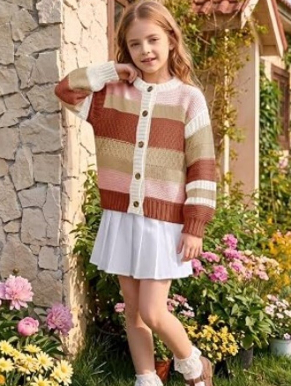 Girls Color Block Cardigan Sweaters Button Up Knit Sweater White
